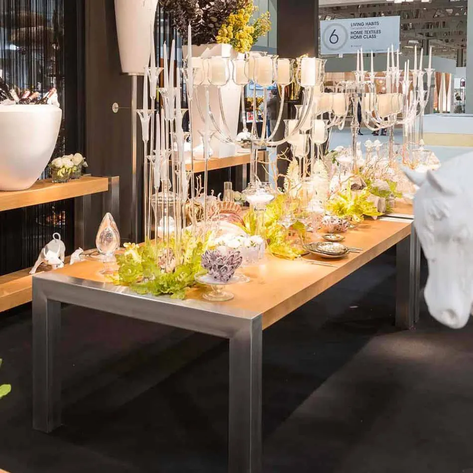 Tavolinë ngrënieje drejtkëndore në dru lisi dhe çeliku Frodo Viadurini