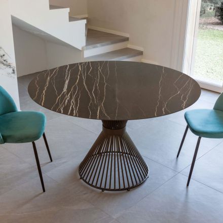 Tavolinë e rrumbullakët në bazament qeramike dhe çeliku të lustruar Florim - Denali Viadurini