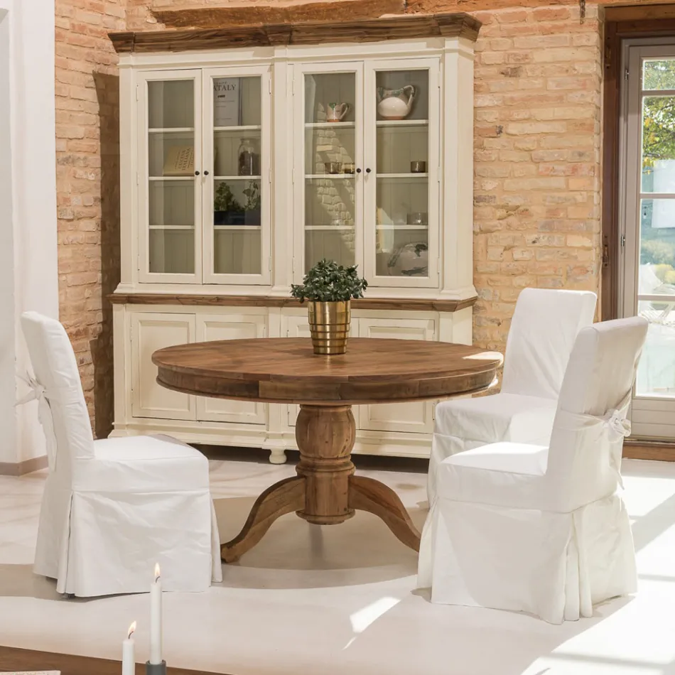 Tavolinë e rrumbullakët e ngrënies në dru tropikal të ricikluar me bazë qendrore - rrëshqitje Viadurini