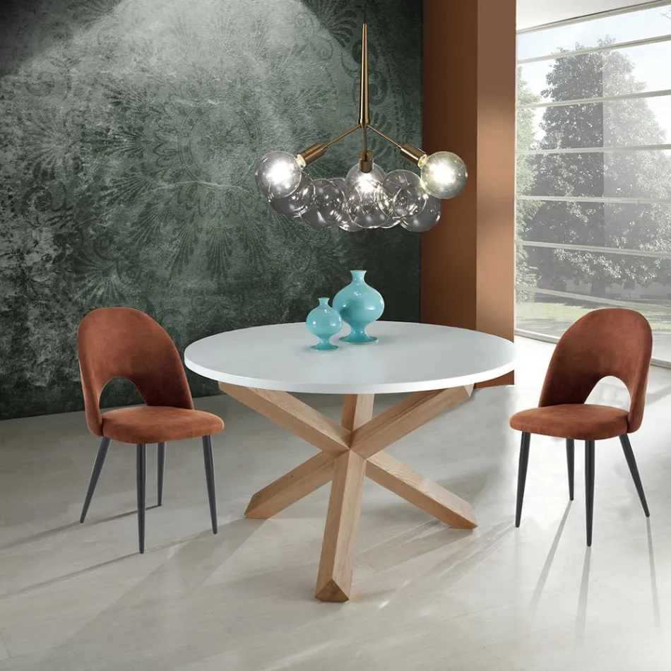 Tavolinë e rrumbullakët e ngrënies në Mdf të bardhë mat dhe dru solid - Dante Viadurini