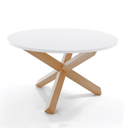Tavolinë e rrumbullakët e ngrënies në Mdf të bardhë mat dhe dru solid - Dante Viadurini