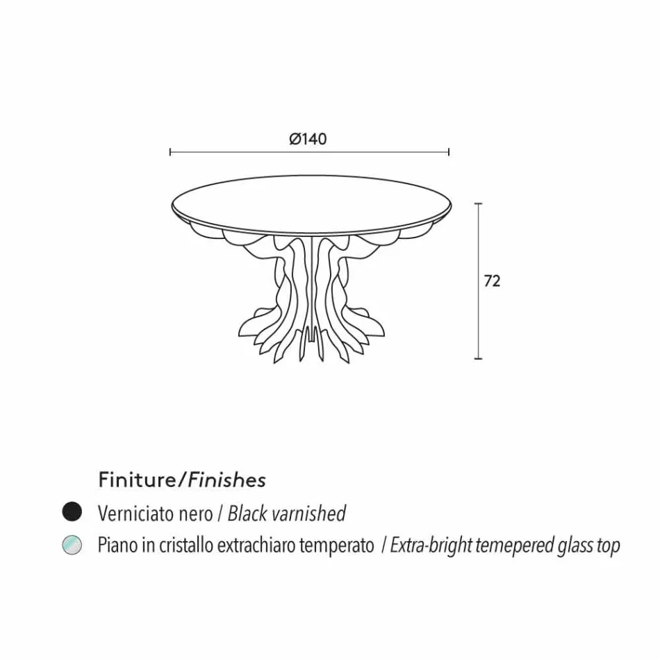 Tavolinë ngrënieje e rrumbullakët Cassia, sipërfaqe prej druri të zi dhe sipërfaqe kristali Viadurini