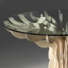 Tavolinë ngrënieje e rrumbullakët prej druri me sipërfaqe qelqi të dekoruar dhe të temperuar Viadurini