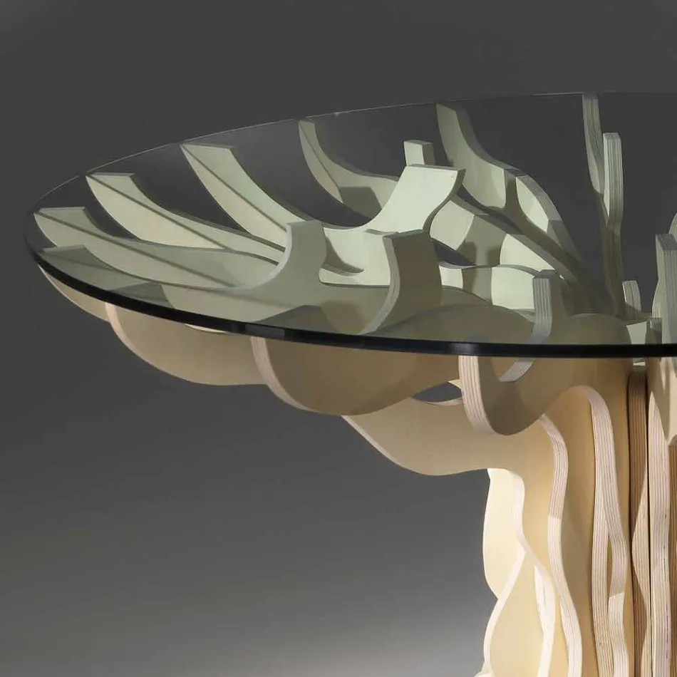 Tavolinë ngrënieje e rrumbullakët prej druri me sipërfaqe qelqi të dekoruar dhe të temperuar Viadurini