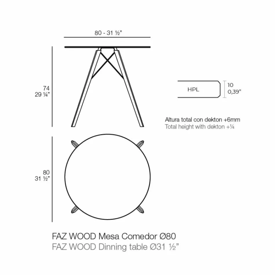 Tavolina e rrumbullakët e darkës në dru dhe në pjesën e sipërme të Hpl, 4 copë - Faz Wood nga Vondom Viadurini