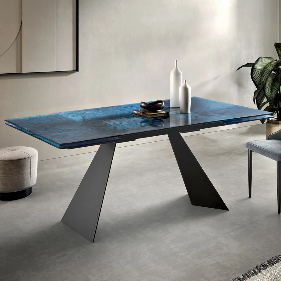 Tavolinë për dhomën e ndenjes 160x90 me sipërfaqe qelqi transparente të rrahur - Martello Viadurini