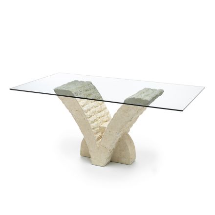 Tavolina e dhomës së ndenjes me bazë xhami të kalbur dhe guri fosil - Vittoria Viadurini