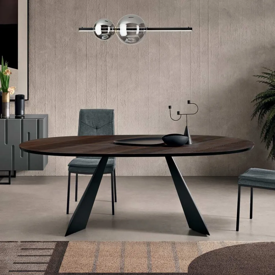 Tavolinë Fikse 210x109 cm në Metal dhe Lis të Veshur Oval - Marcello Viadurini