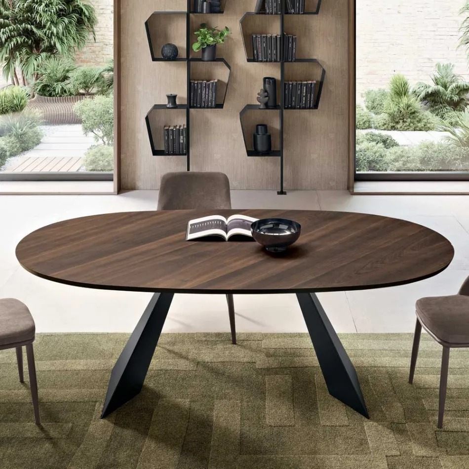 Tavolinë Fikse 210x109 cm në Metal dhe Lis të Veshur Oval - Marcello Viadurini