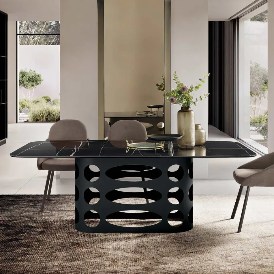 Tavolinë Fikse 210x110 cm me Sipërfaqe Qeramike me Efekt Mermeri - Tano Viadurini