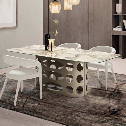 Tavolinë Fikse 210x110 cm me Sipërfaqe Qeramike me Efekt Mermeri - Tano Viadurini