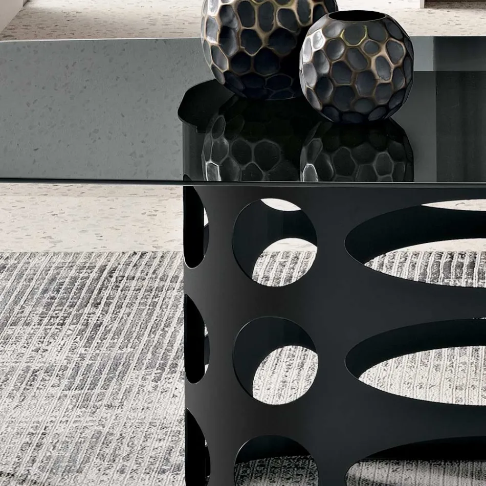 Tavolinë Fikse 210x110 cm me Sipërfaqe Qelqi të Lëmuar të Tymosur Prodhuar në Itali - Tano Viadurini