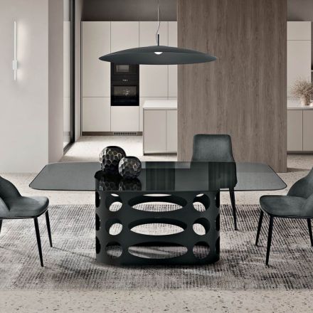 Tavolinë Fikse 210x110 cm me Sipërfaqe Qelqi të Lëmuar të Tymosur Prodhuar në Itali - Tano Viadurini