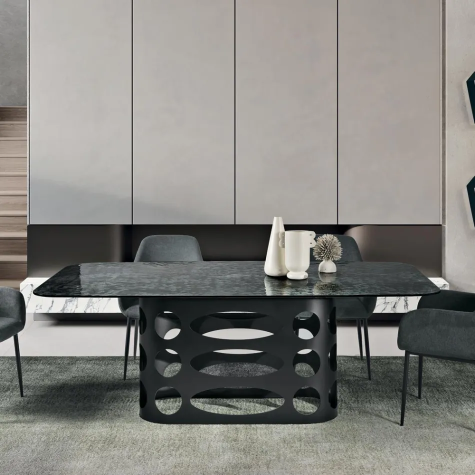 Tavolinë Fikse 210x110 cm me Sipërfaqe Xhami të Punuar me Çekiç, Prodhuar në Itali - Tano Viadurini