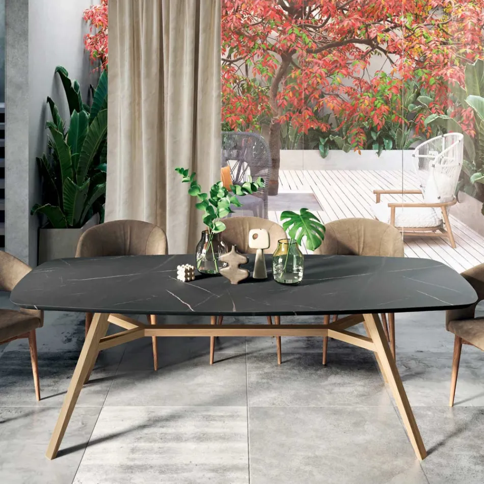 Tavolinë fikse në formë fuçie në laminat dhe dru hiri Prodhuar në Itali - Veri Viadurini