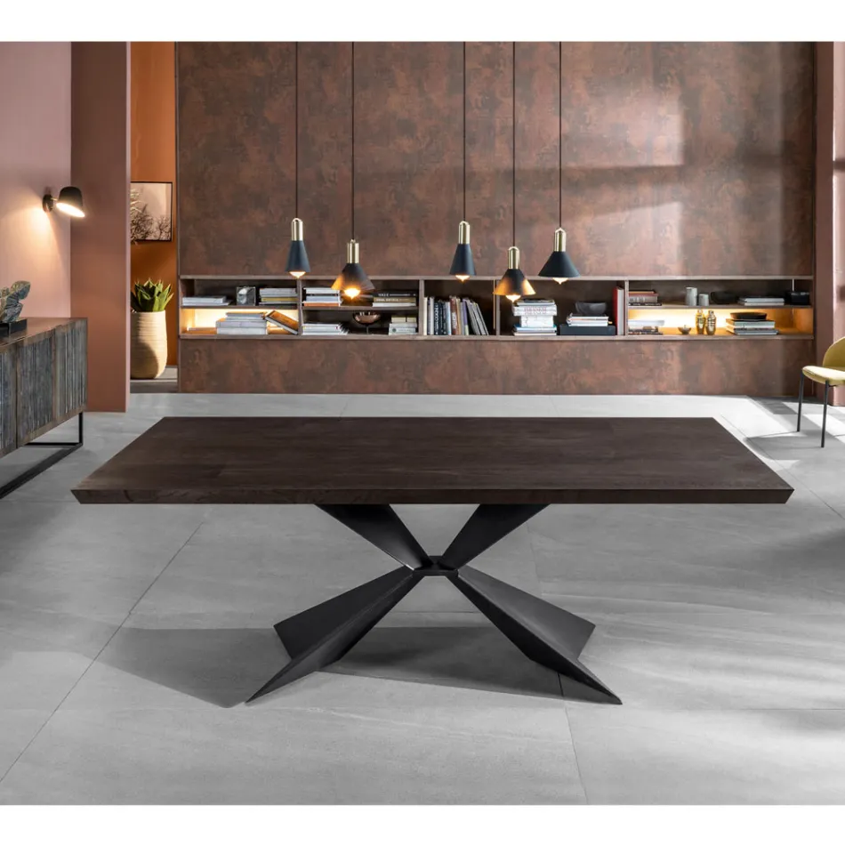 Tavolinë fikse me bazë metalike dhe majë lisi të fasosur - Navy Viadurini