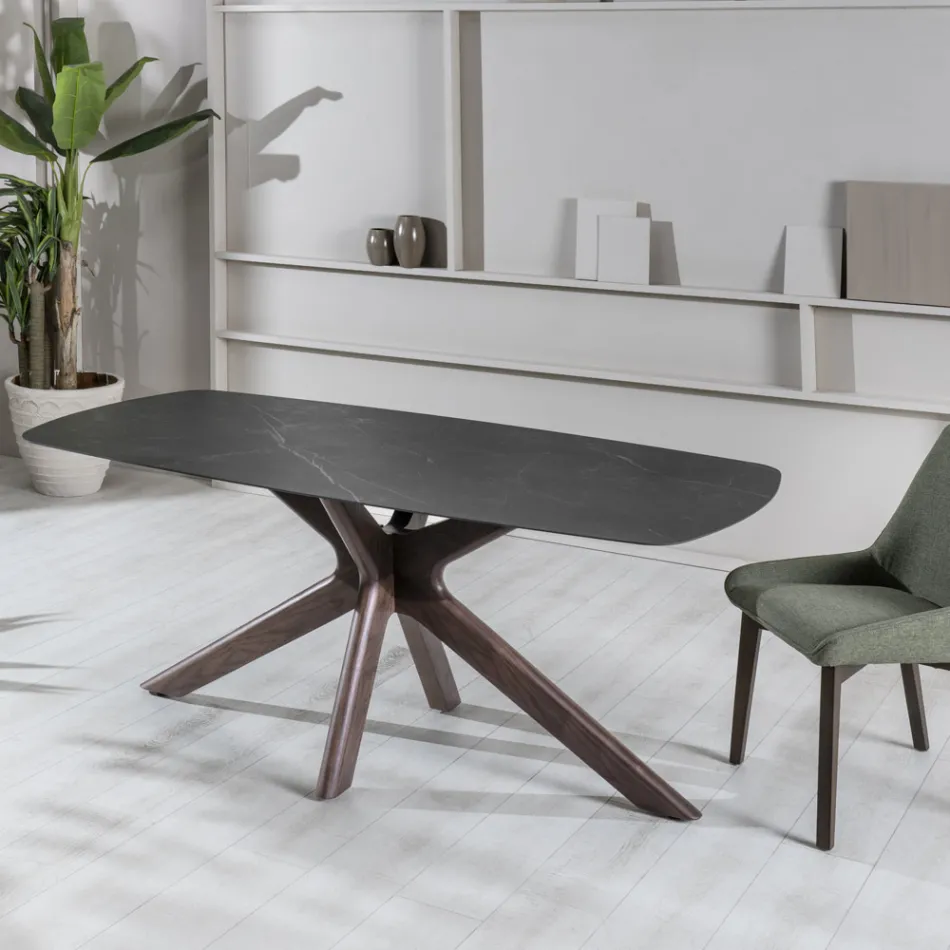 Tavolinë fikse me majë qeramike dhe bazë druri të fortë arre - Portokalli Viadurini