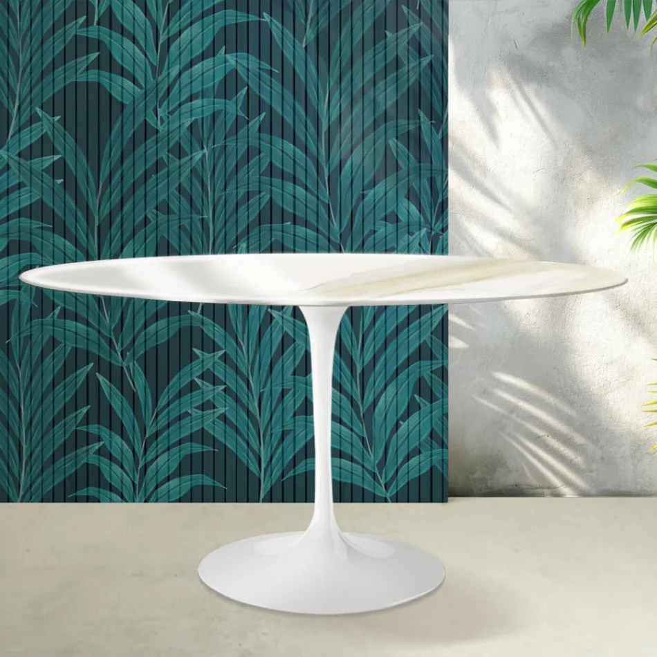 Tavolinë Ovale Tulipani Saarinen me Lartësi 74 cm në Qeramikë Florim Calacatta me Shkëlqim të Artë - të Kuqe të ndezur Viadurini