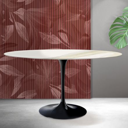 Tavolinë Ovale Tulip Saarinen H 74 cm në ngjyrë Florim Calacatta Gold Qeramikë Mat - Scarlet Viadurini