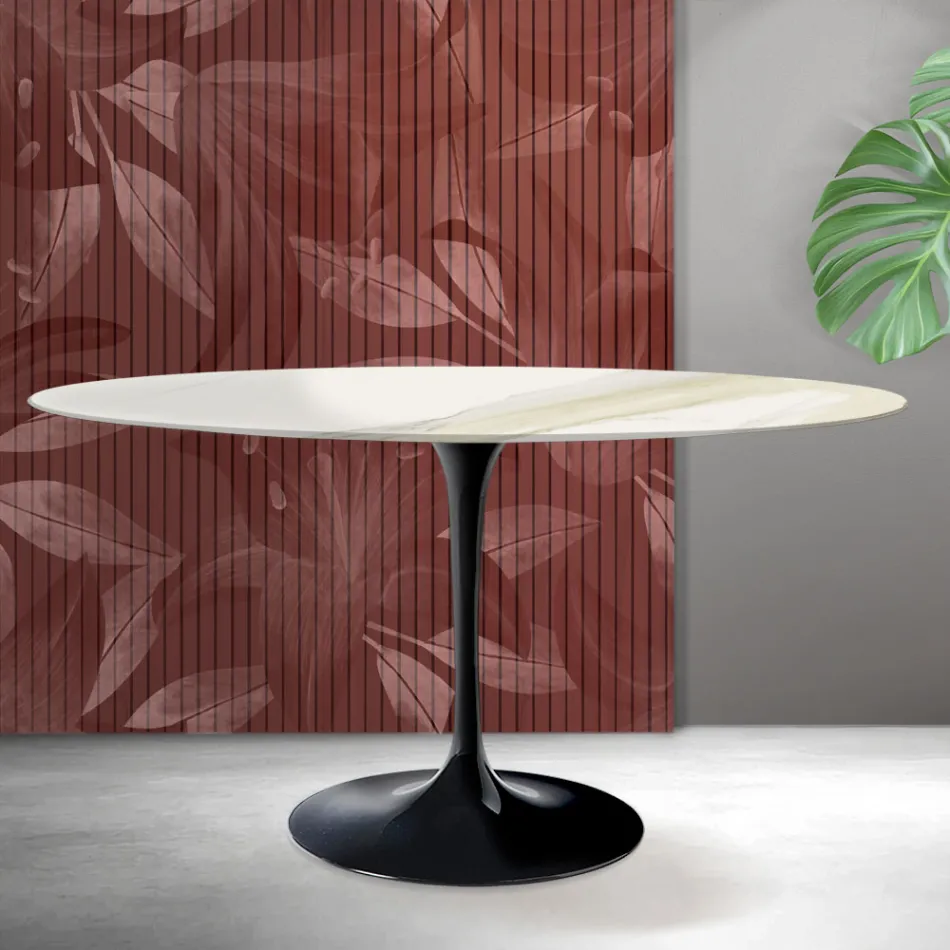 Tavolinë Ovale Tulip Saarinen H 74 cm në ngjyrë Florim Calacatta Gold Qeramikë Mat - Scarlet Viadurini