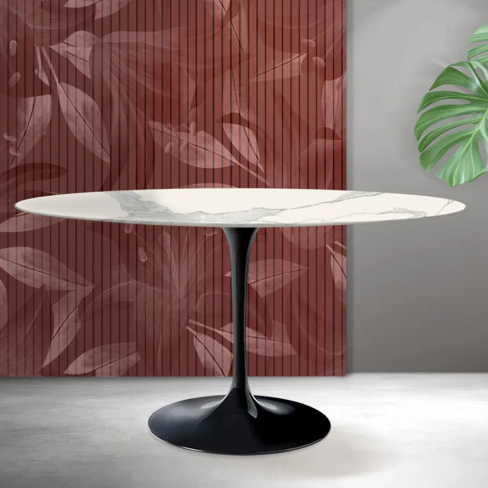 Tavolinë Ovale Tulip Saarinen me lartësi 74 cm në Qeramikë Matt Florim Statuario - Scarlet Viadurini