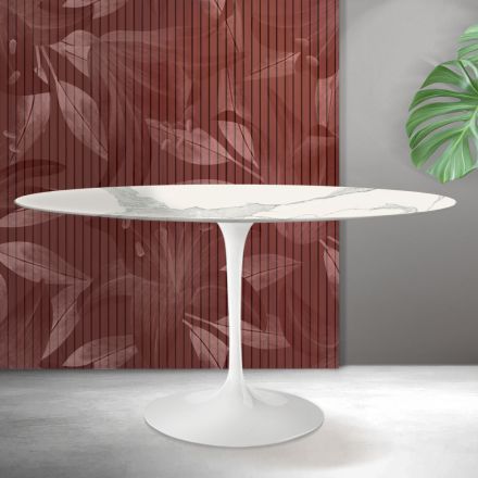 Tavolinë Ovale Tulip Saarinen me lartësi 74 cm në Qeramikë Matt Florim Statuario - Scarlet Viadurini