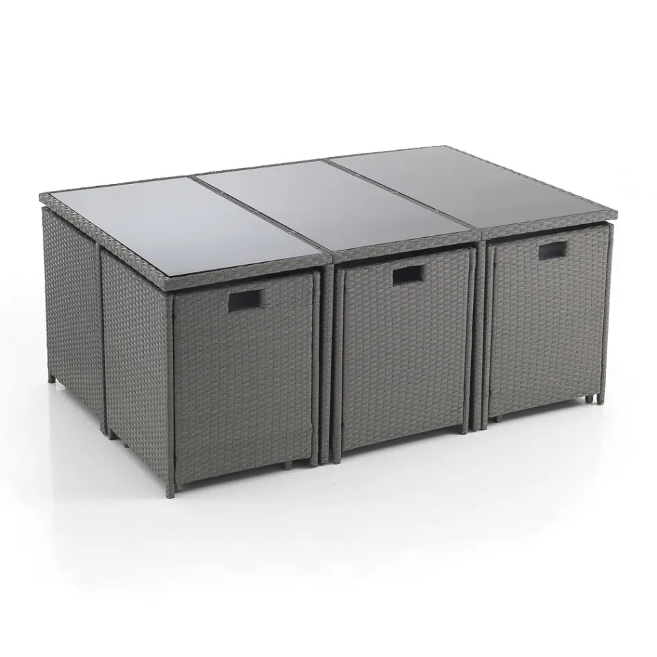 Tavolinë brenda dhe jashtë me 6 karrige me mbështetëse të shtrirë dhe 4 pouf - Venir Viadurini