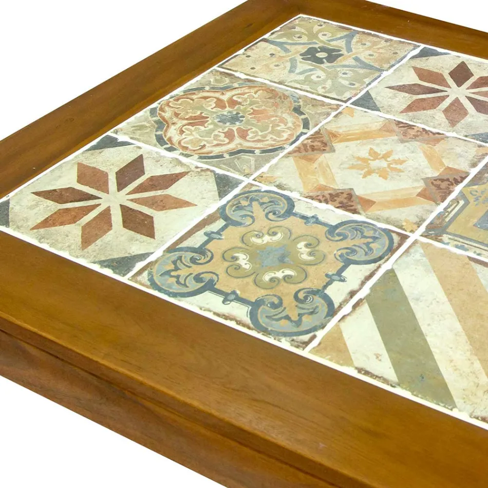 Tavolinë katrore E punuar me dru akacieje dhe sipër qeramike - Teknike Viadurini