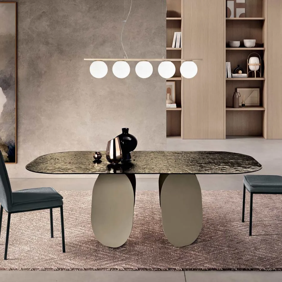 Tavolinë Drejtkëndëshe me Mbrapa prej Xhami të Punuar me Çekiç - E Argjendtë Prodhuar në Itali - Almo Viadurini