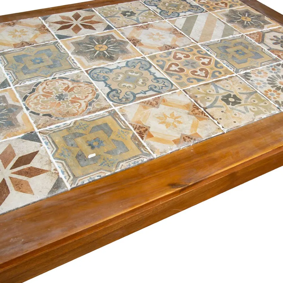 Tavolinë drejtkëndëshe e punuar me dru akacieje dhe sipër qeramike - Teknike Viadurini