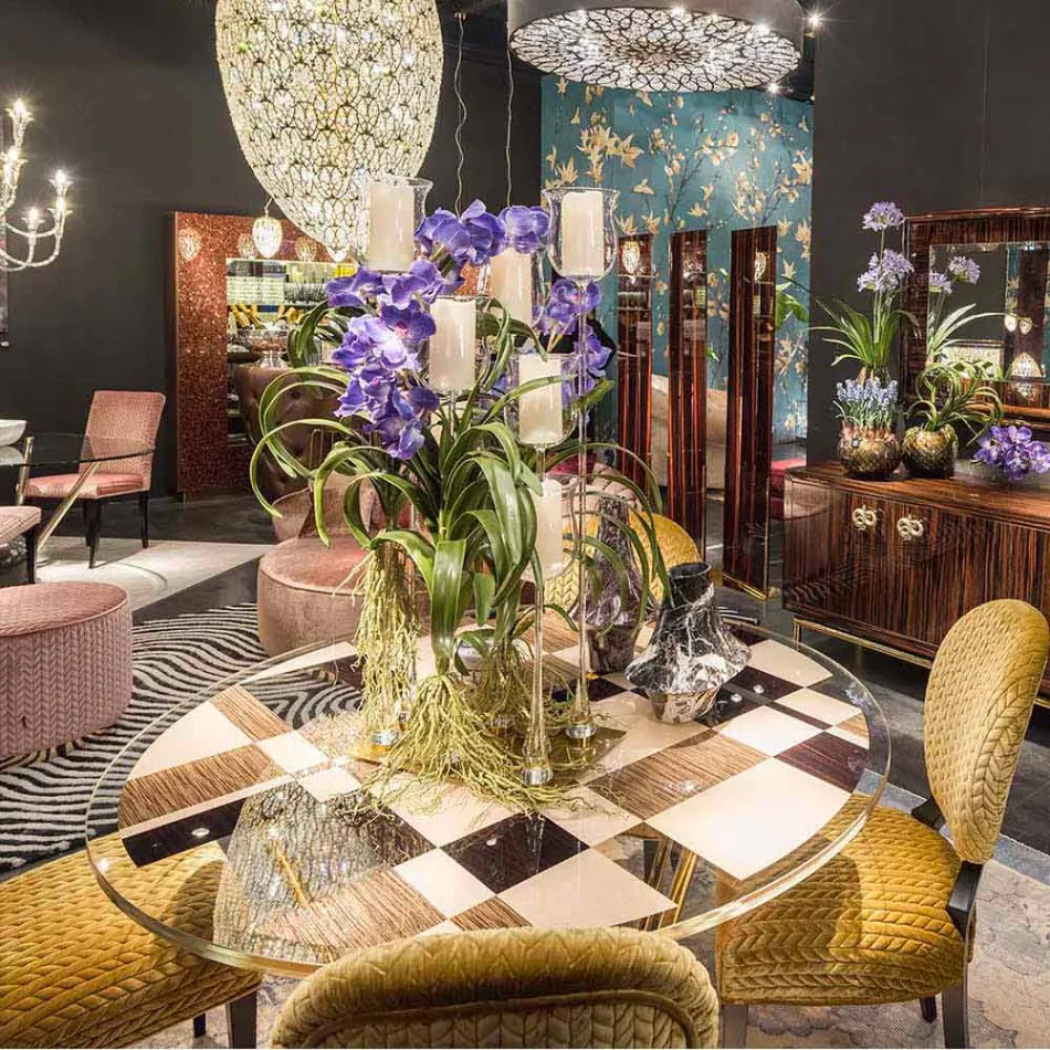 Tavolinë e rrumbullakët Modeno me majë qelqi dhe futje druri Ozzy Viadurini