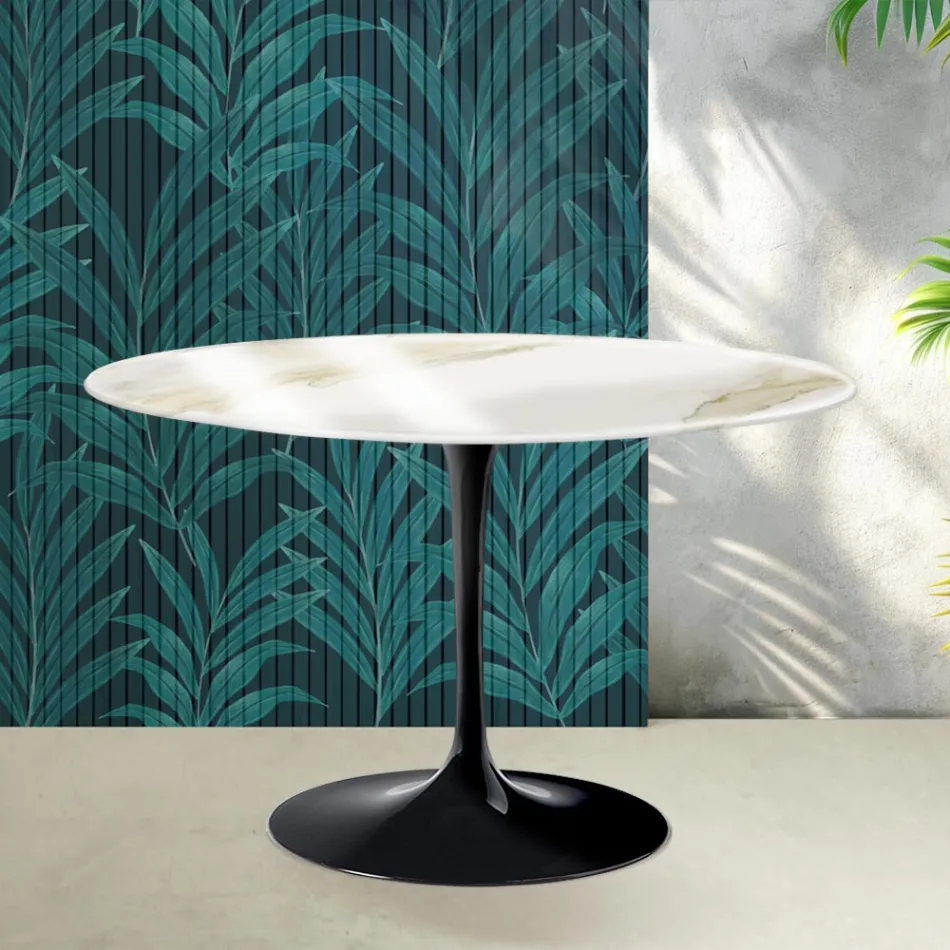 Tavolinë e rrumbullakët Saarinen Tulip H 74 cm në ngjyrë qeramike Florim Calacatta me shkëlqim të artë - të kuqe të ndezur Viadurini