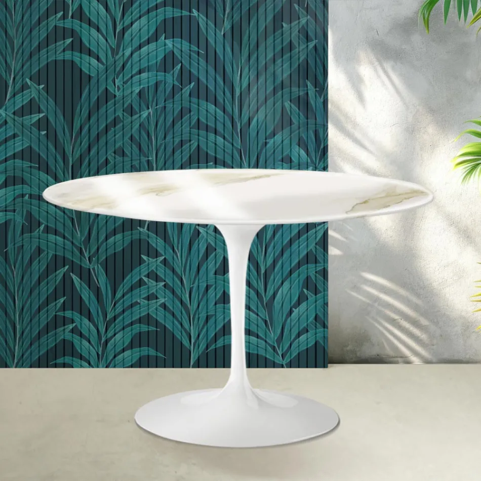 Tavolinë e rrumbullakët Saarinen Tulip H 74 cm në ngjyrë qeramike Florim Calacatta me shkëlqim të artë - të kuqe të ndezur Viadurini