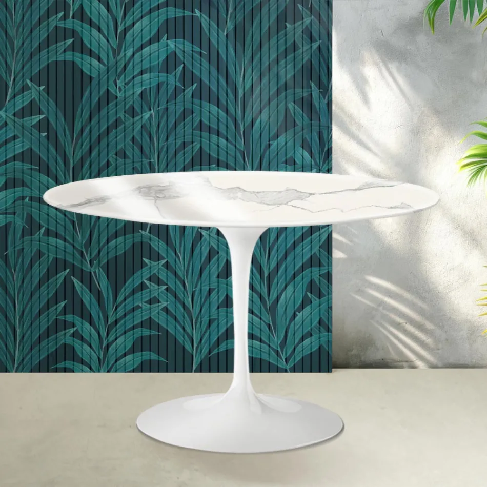 Tavolinë e rrumbullakët me tulipan Saarinen, lartësi 74 cm, në ngjyrë qeramike me shkëlqim Statuario Florim - e kuqe e ndezur Viadurini