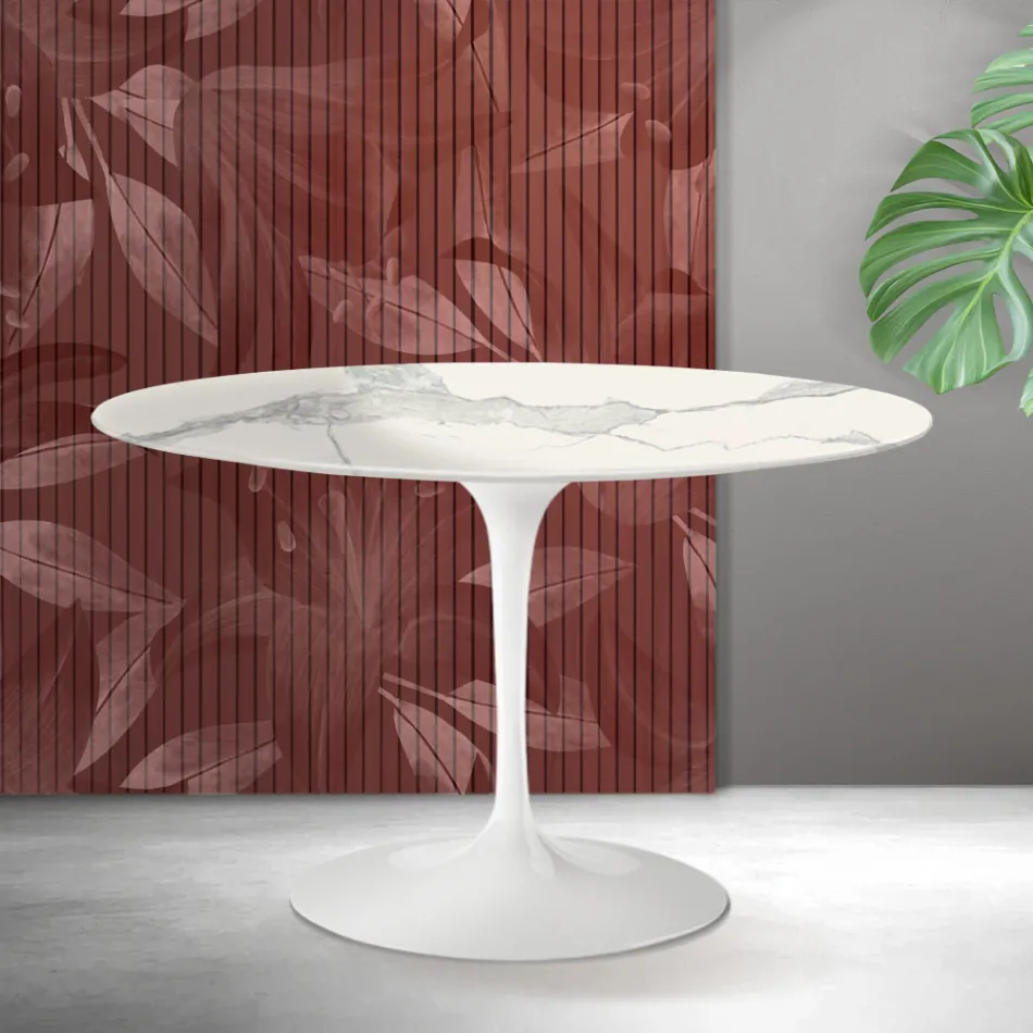 Tavolinë e rrumbullakët Saarinen Tulip H 74 cm në ngjyrë qeramike mat Florim Statuario - e kuqe e ndezur Viadurini