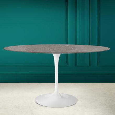 Tavolinë tulipani Eero Saarinen H 73 Qeramike Ovale me Guri Gri Made in Italy - Scarlet Viadurini
