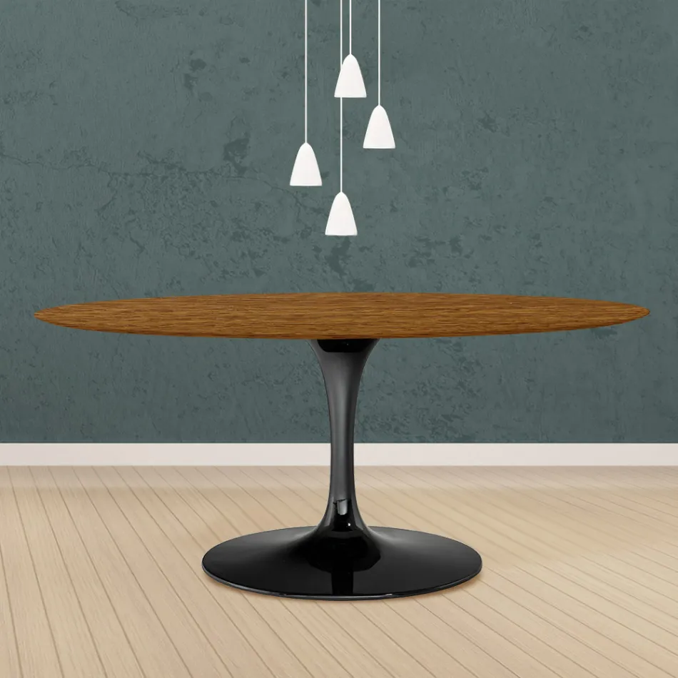 Tavolinë tulipani Eero Saarinen H 73 Oval në lis me njolla arre të lehta Made in Italy - Scarlet Viadurini