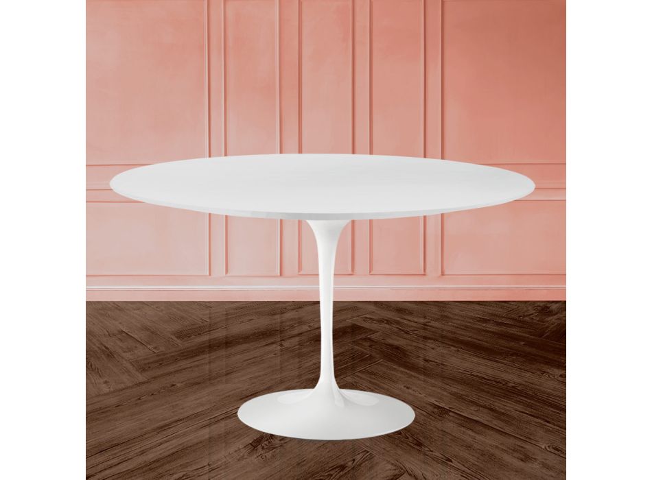 Tavolinë tulipani Eero Sarinen H 73 Oval me laminat të lëngshëm të bardhë Made in Italy - Scarlet Viadurini
