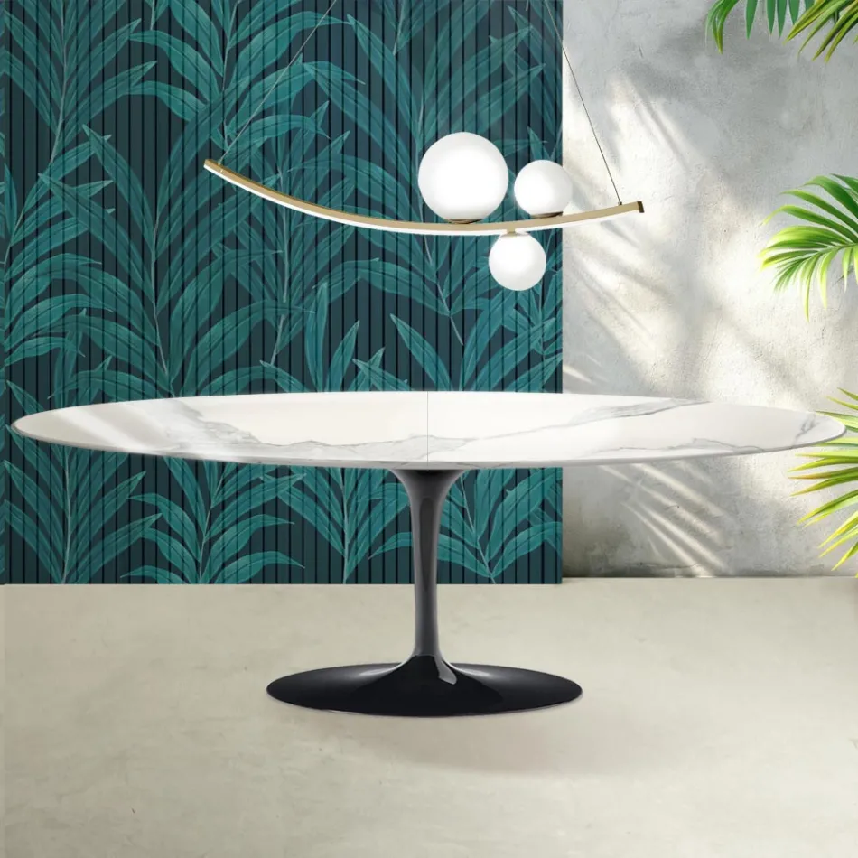 Tavolinë Saarinen Tulip L 74 cm e Zgjerueshme në Qeramikë me Shkëlqim Florim Statuario - Scarlet Viadurini