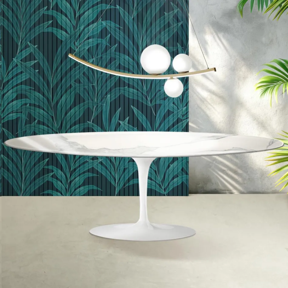 Tavolina Tulip Saarinen H 74 cm ne Florim Statuario Lucido qeramike - Scarlet Viadurini