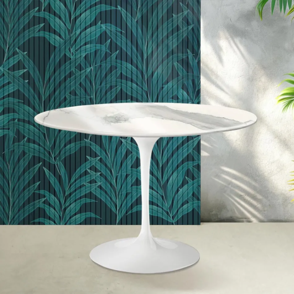 Tavolina Tulip Saarinen H 74 cm ne Florim Statuario Lucido qeramike - Scarlet Viadurini