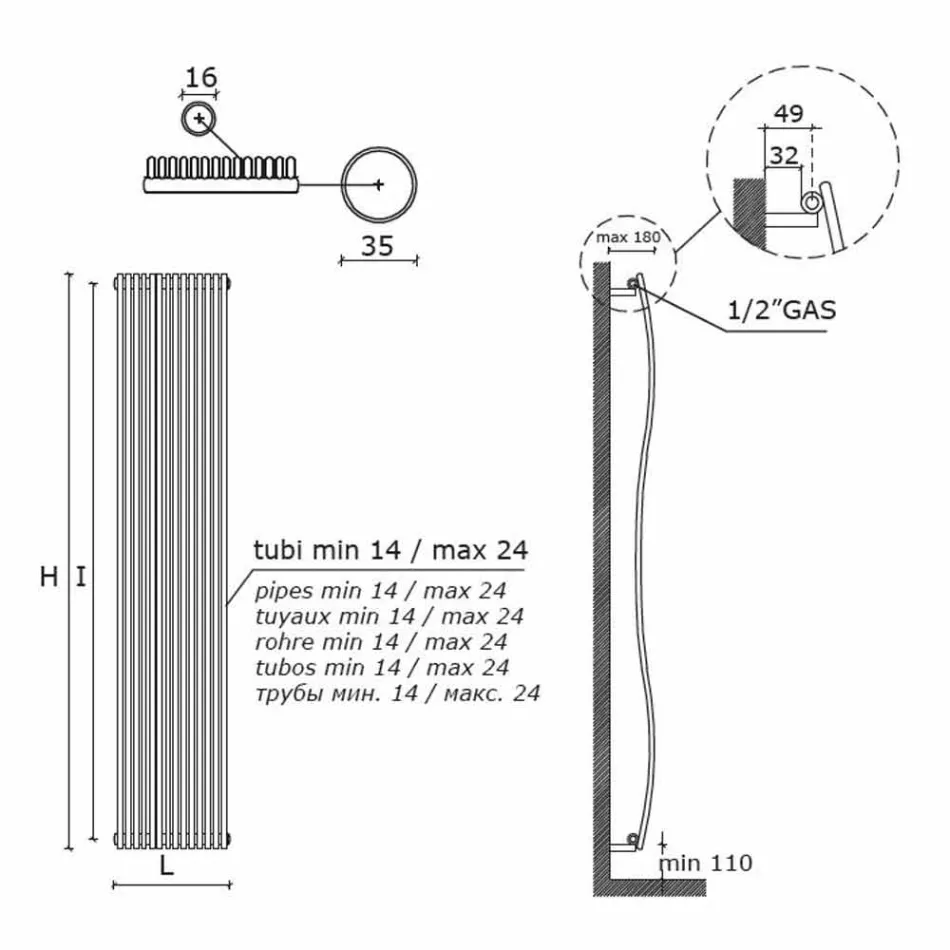 Radiatori vertikal i banjës Dizajn modern Wavy 1181 Watt - Tucano Viadurini