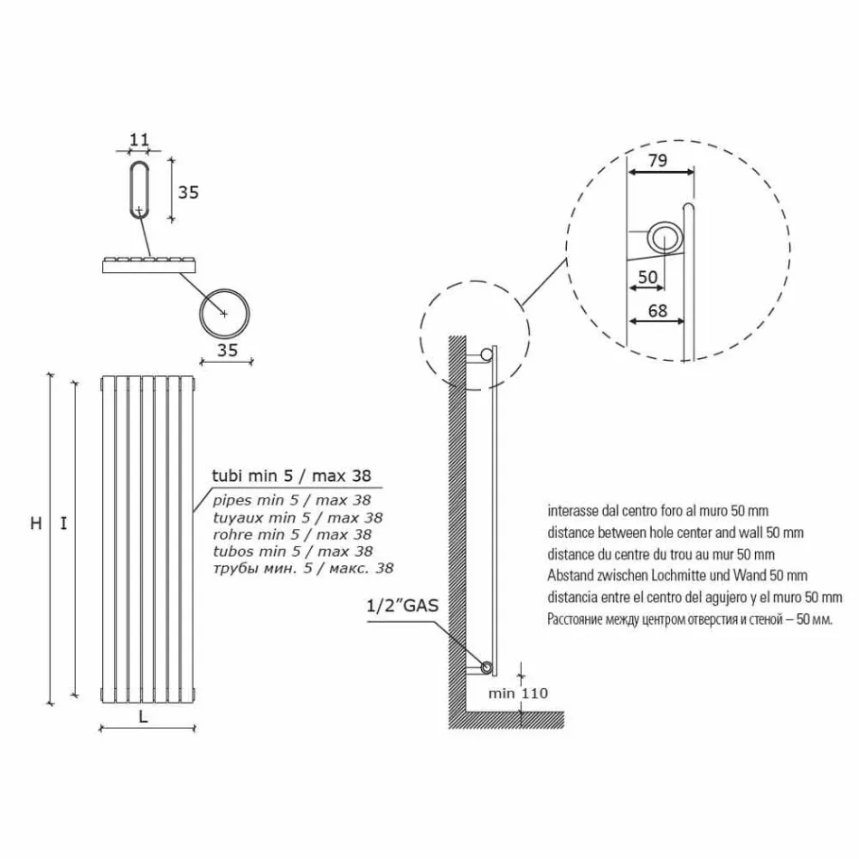 Dizajn Modern Radiator Hidraulik Vertikal të Murit deri në 1224 Watt - Regolo Viadurini