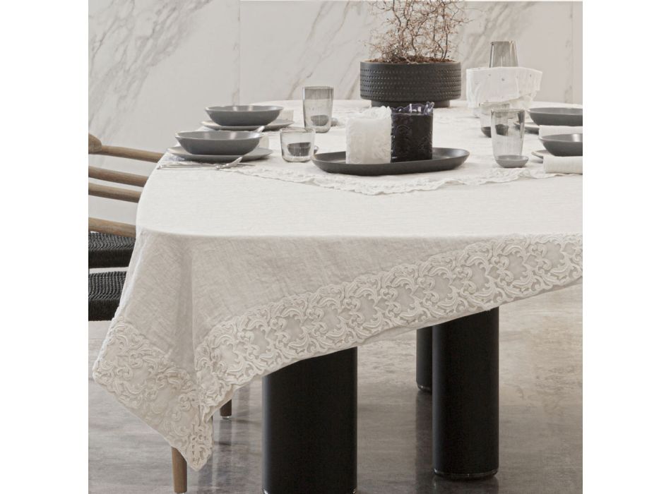 Mbulesë tavoline prej liri të bardhë ose gjalpë me dizajn drejtkëndëshe me dantella Farnese - Kippel Viadurini