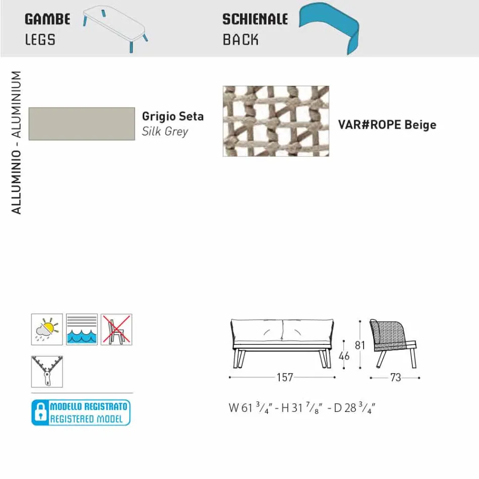 Varaschin Emma divan kopsht i veshur me susta moderne me dy vende Viadurini
