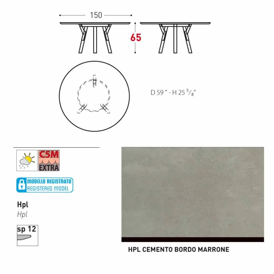 Tabela e rrumbullakët në natyrë Varaschin Link me këmbë dru tik, H 65cm Viadurini