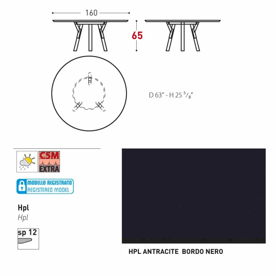 Tabela e rrumbullakët në natyrë Varaschin Link me këmbë dru tik, H 65cm Viadurini