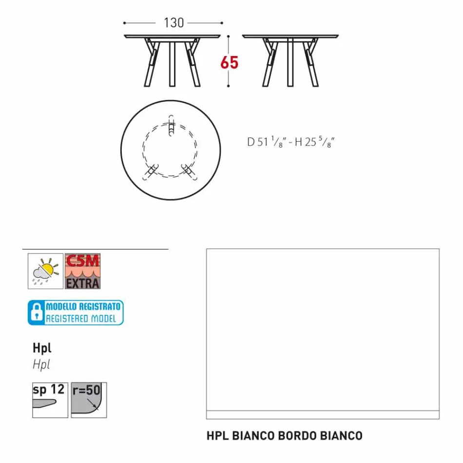 Tabela e rrumbullakët në natyrë Varaschin Link me këmbë dru tik, H 65cm Viadurini
