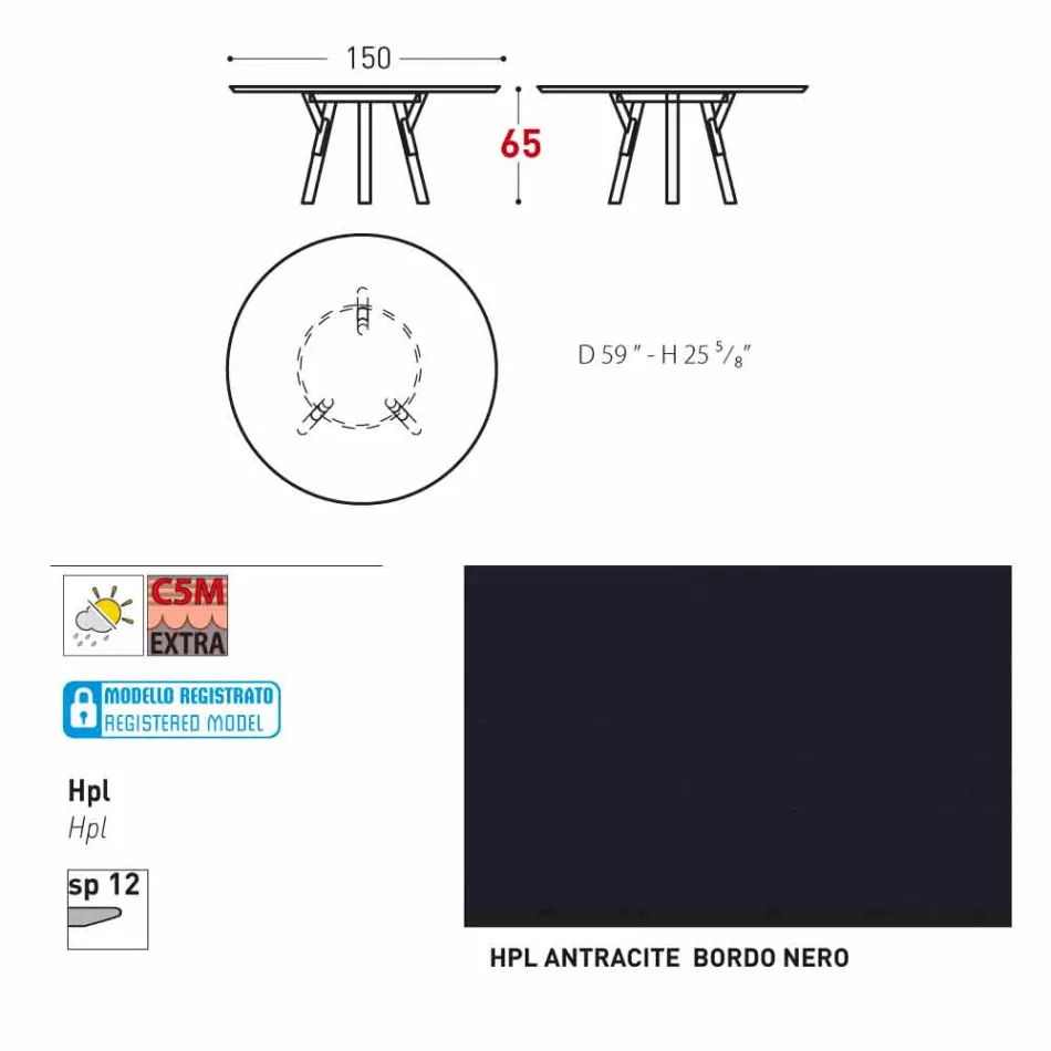 Tabela e rrumbullakët në natyrë Varaschin Link me këmbë dru tik, H 65cm Viadurini