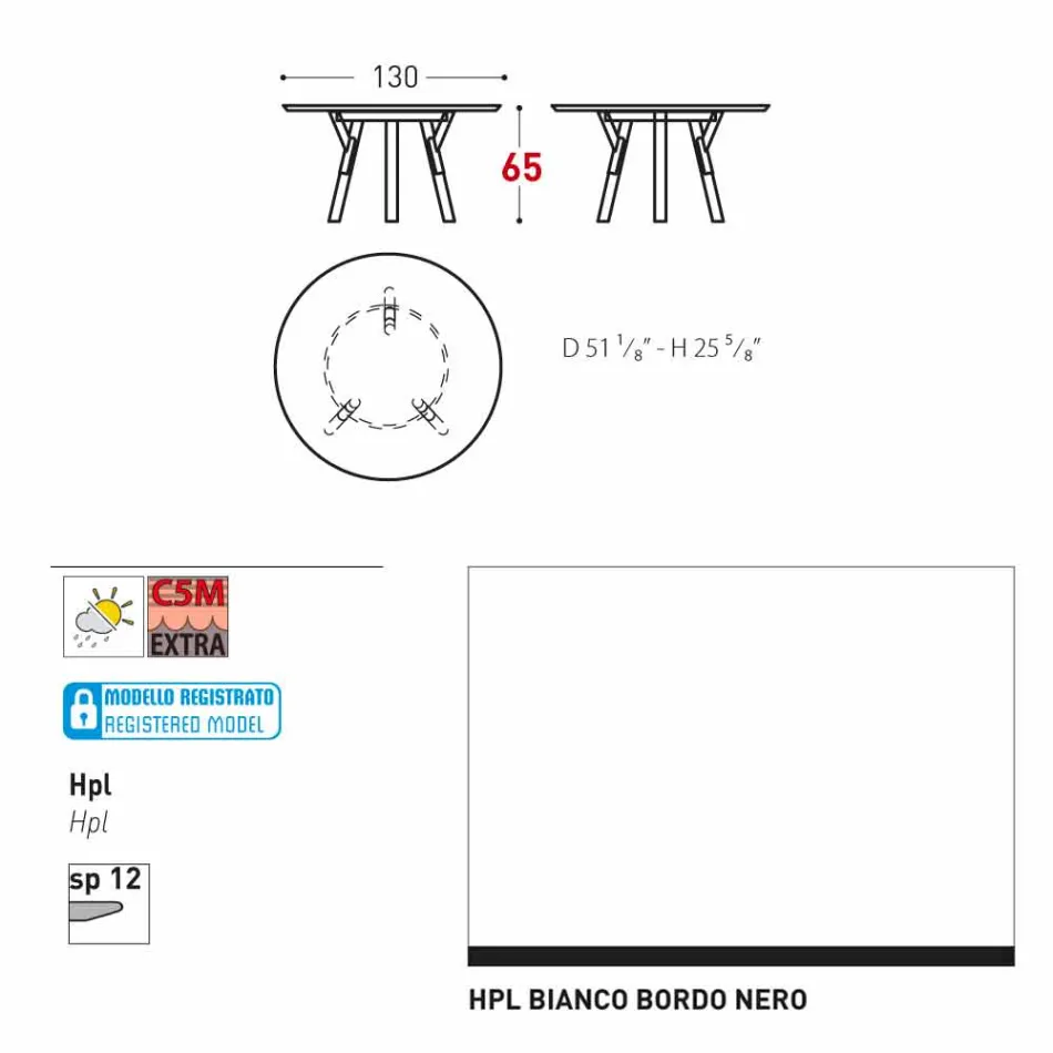 Tabela e rrumbullakët në natyrë Varaschin Link me këmbë dru tik, H 65cm Viadurini
